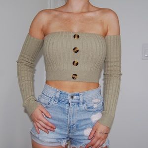 Forever 21 Olive Off-Shoulder/Long Sleeve Crop Top
